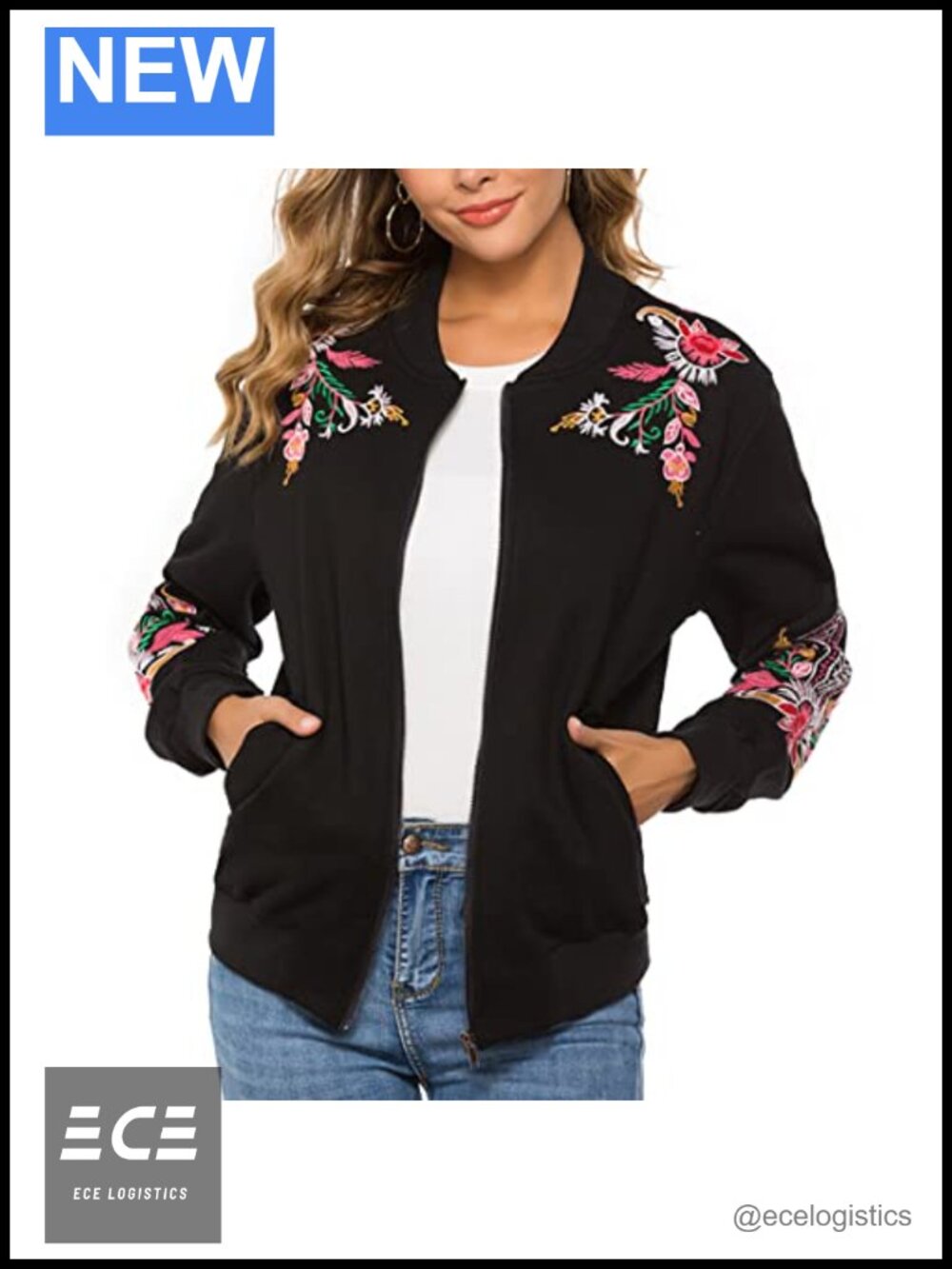 Floral Embroidered Zip Hoodie Jacket Long Sleeve Fall Winter Coat